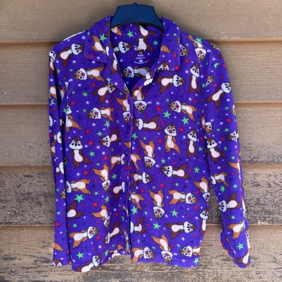 Disney Chip & Dale Womens Purple Fleece Button-Up Pajama Top L - Picture 1 of 12